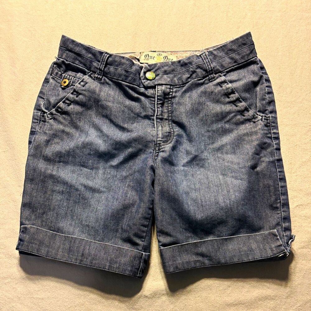 One One Women’s Blue Denim Bermuda Shorts Mid Rise Cuffed Stretch Pockets 12